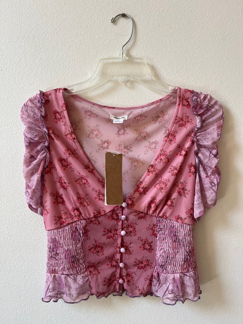 KIMCHI BLUE Urban Outfitters Pink Floral Rose Sheer Ruffle Blouse Puff Sleeve